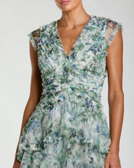 Blue Floral V Neck Tiered Ruffle Maxi Dress