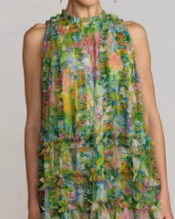 Green Printed Sleeveless High Neck Ruffle Mini Dress