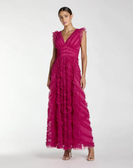 Fuchsia Pink V-Neck Cap Sleeve Ruffle Maxi Dress