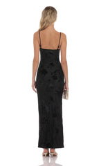 Velvet Floral Cowl Neck Maxi Dress in Black