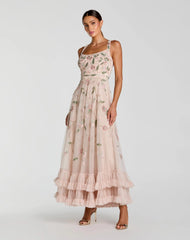 Pink Ruffle Midi Dress with Floral Embroidery