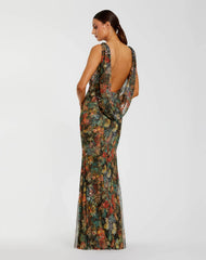 Multicolor Floral Embellished Sleeveless Column Gown
