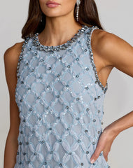 Blue Rhinestone Embellished Sleeveless Mini Dress