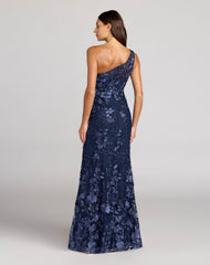 Petite Navy One Shoulder Floral Embroidered Gown