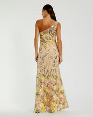 Petite Beige One Shoulder Lace Embroidered Gown