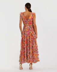 Petite Multicolor Floral V-Neck Ruffle Maxi Dress