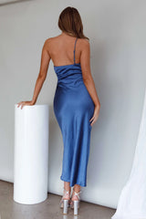 Taking Bets One Shoulder Satin Midi Dress Navy