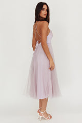 Floating By Pleated Neckline Mesh Midi Dress Lilac