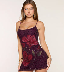 Marlee Beaded Sequin Floral Mesh Mini Dress