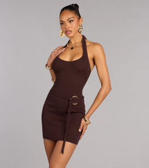 Alluring Chic Ribbed Knit Belted Mini Dress