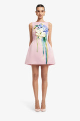Ali Embroidered Boat Neck Mini Dress - Bouquet Print in Pastel Pink