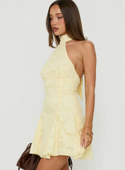 Bellanca Halter Pleat Mini Dress Butter Yellow Burnout