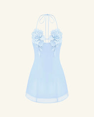 Flower Embroidered Mini Dress - Blue