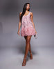 embellished scoop neck mini dress with faux feather hem in pink