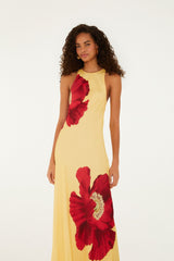 Light Yellow Poppy Flowers Sleeveless Maxi Dress