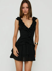Fawnia Frill Ruched Mini Dress Black