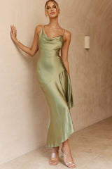 Morning Sun Cowl Neckline Asymmetrical Hem Midi Dress Olive