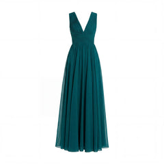 Teal Sleeveless Ruched V Neck Chiffon Gown