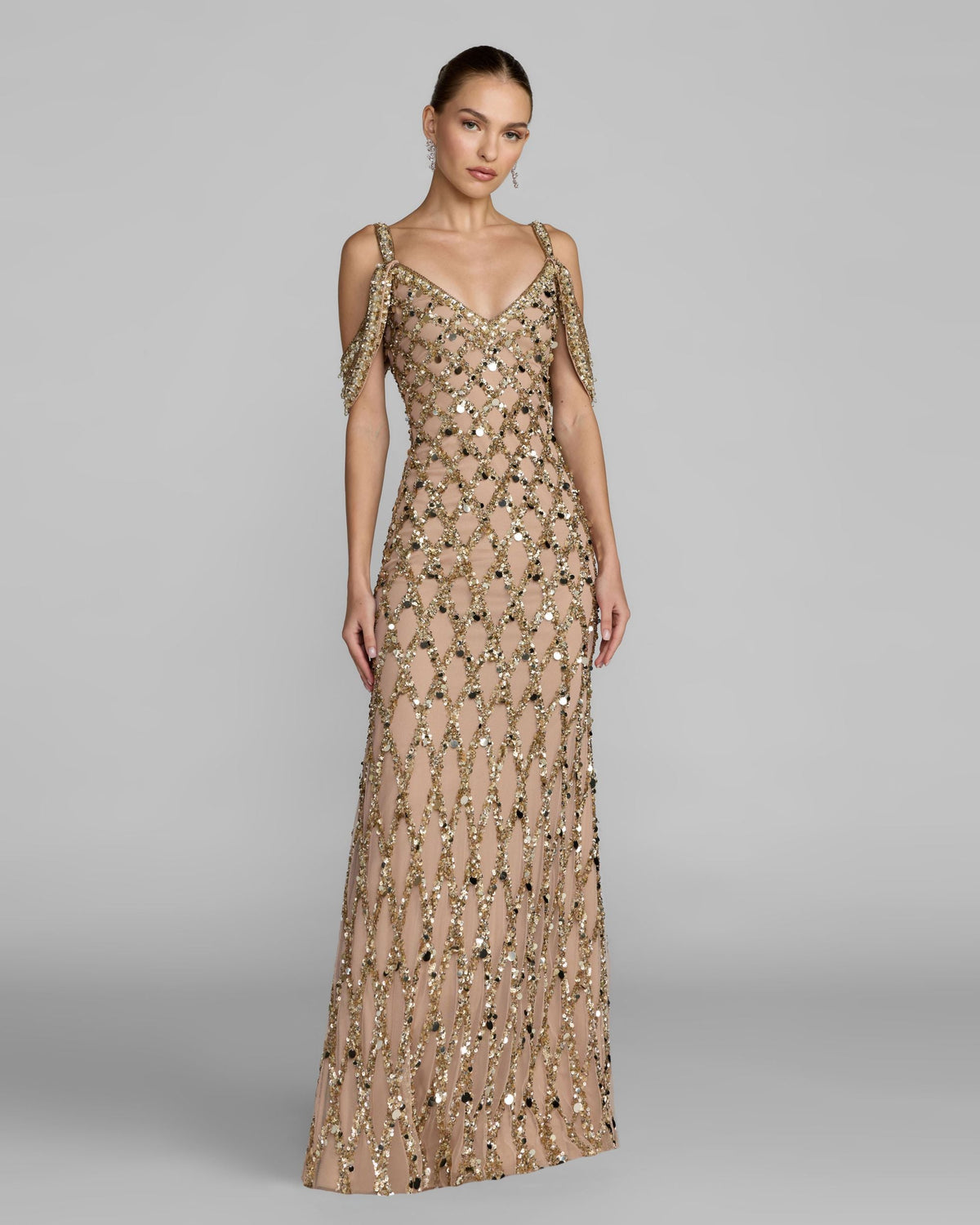 Gold Sequin Embellished V-Neck Gown