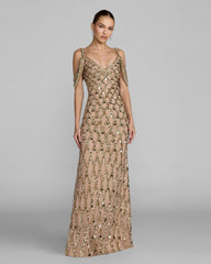 Gold Sequin Embellished V-Neck Gown