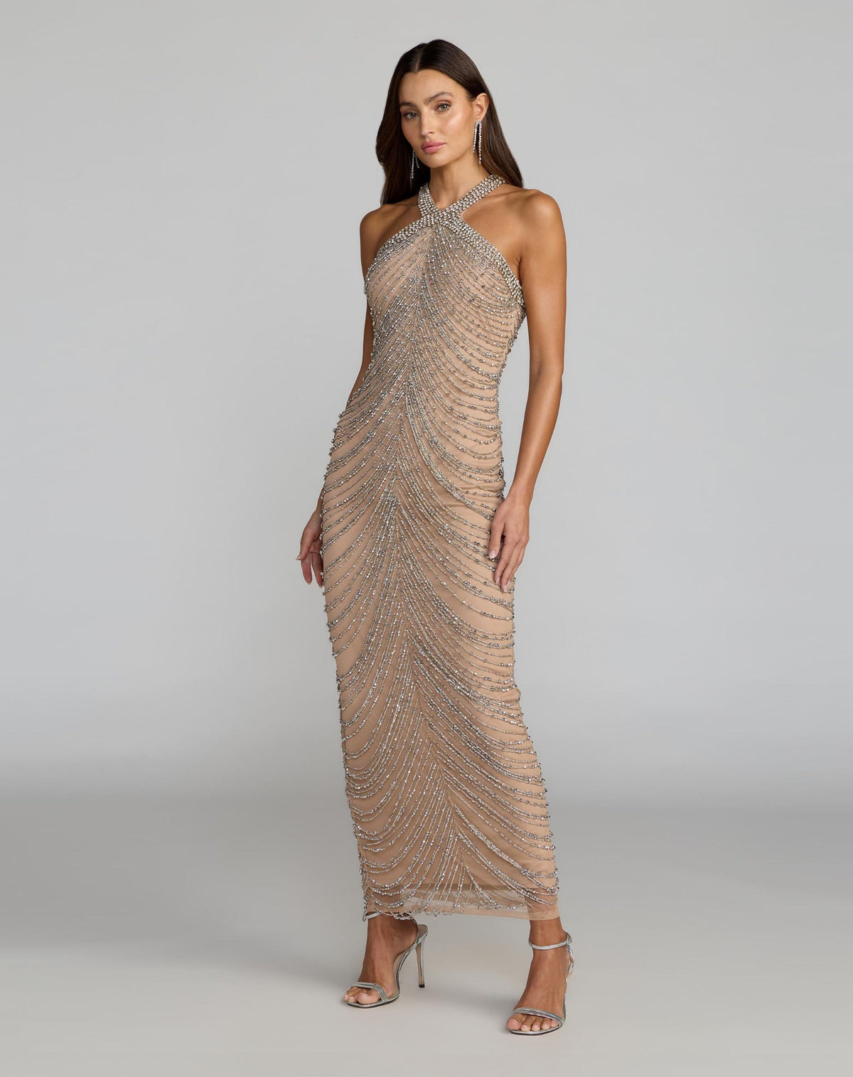 Beige Halter Neck Embellished Maxi Dress