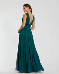 Teal Sleeveless Ruched V Neck Chiffon Gown