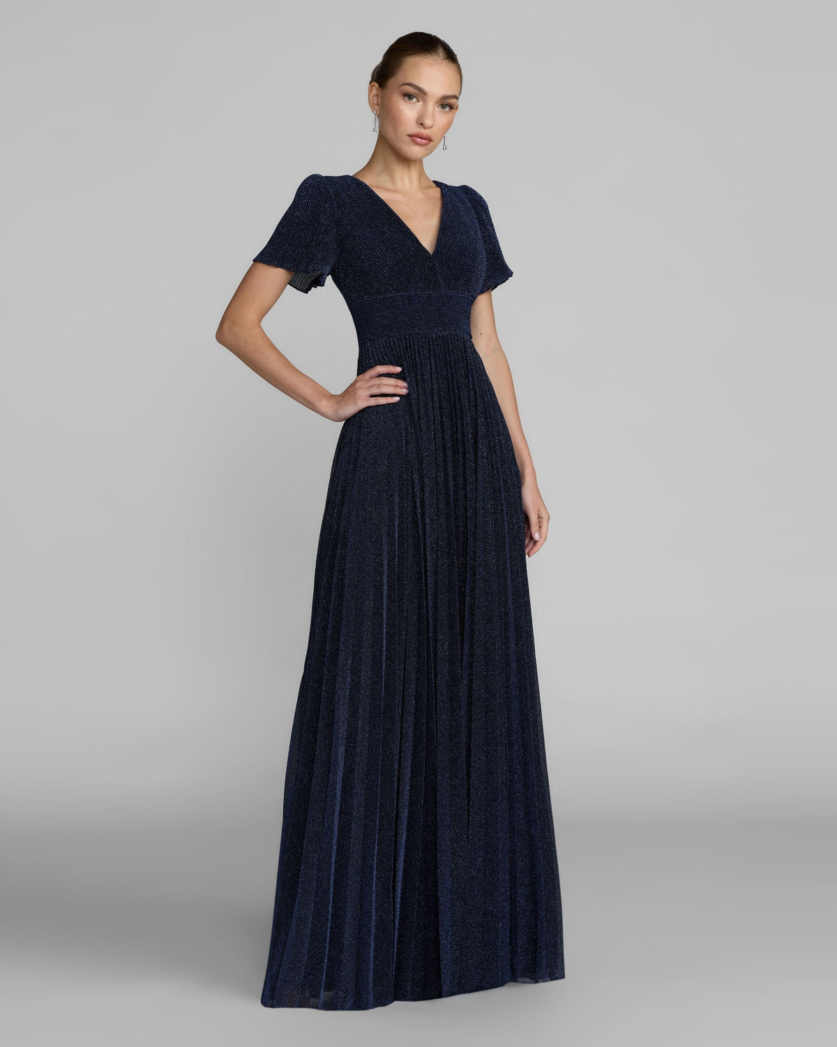 Navy Pleated Metallic Flutter Sleeve A Line Gown