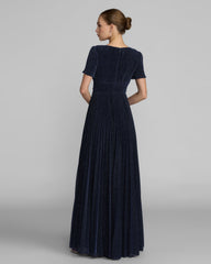 Navy Pleated Metallic Flutter Sleeve A Line Gown