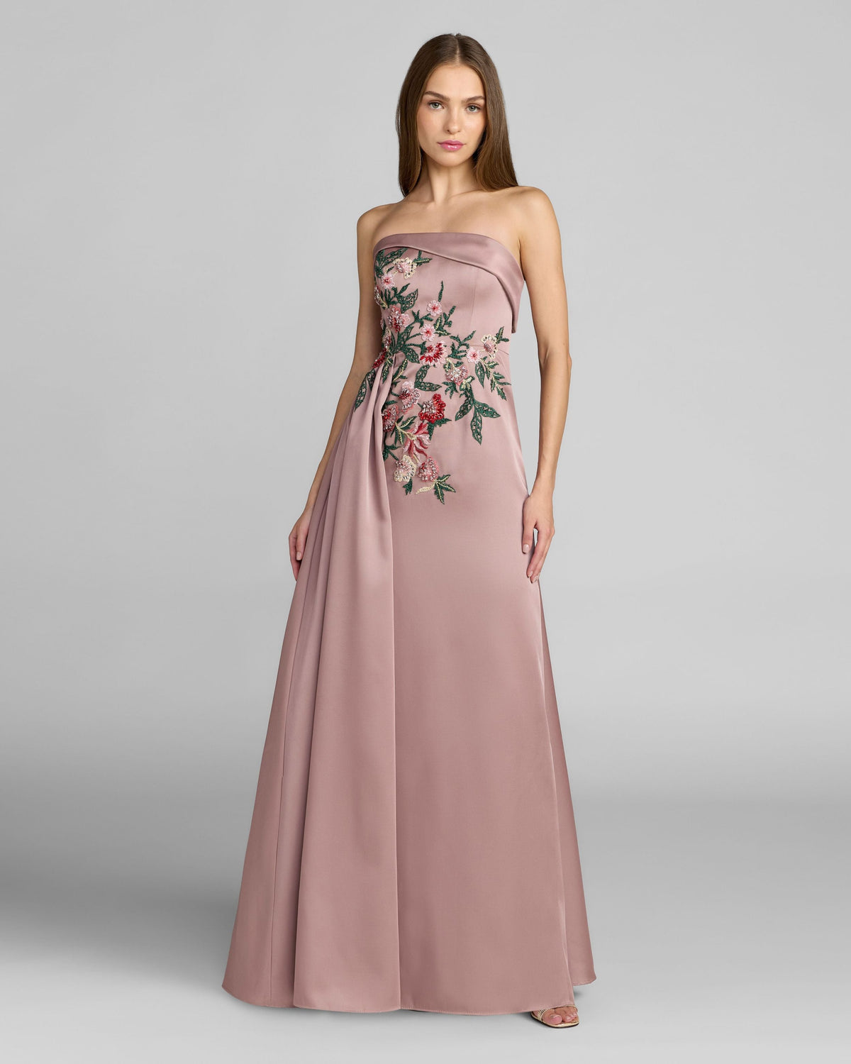 Purple Floral Embroidered Satin Strapless Gown