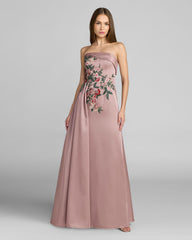 Purple Floral Embroidered Satin Strapless Gown