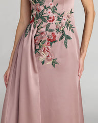 Purple Floral Embroidered Satin Strapless Gown
