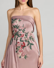 Purple Floral Embroidered Satin Strapless Gown