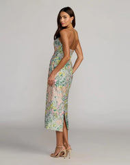 Multicolor Strapless Brocade Midi Dress With Pockets