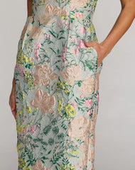 Multicolor Strapless Brocade Midi Dress With Pockets