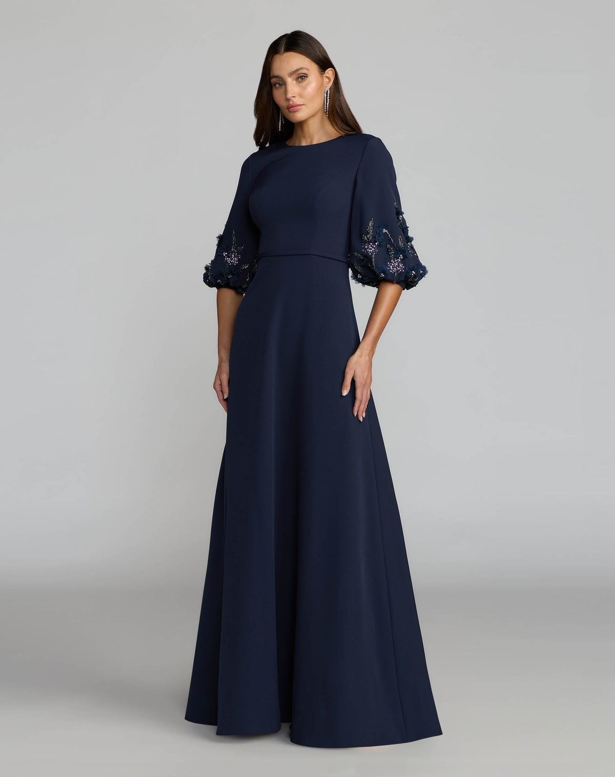 Navy Crepe A Line Gown with Embellished Puff Sleeves