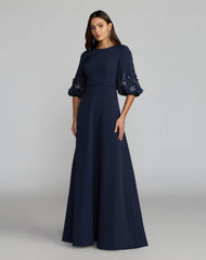Navy Crepe A Line Gown with Embellished Puff Sleeves
