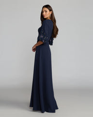 Navy Crepe A Line Gown with Embellished Puff Sleeves