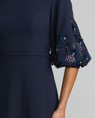 Navy Crepe A Line Gown with Embellished Puff Sleeves