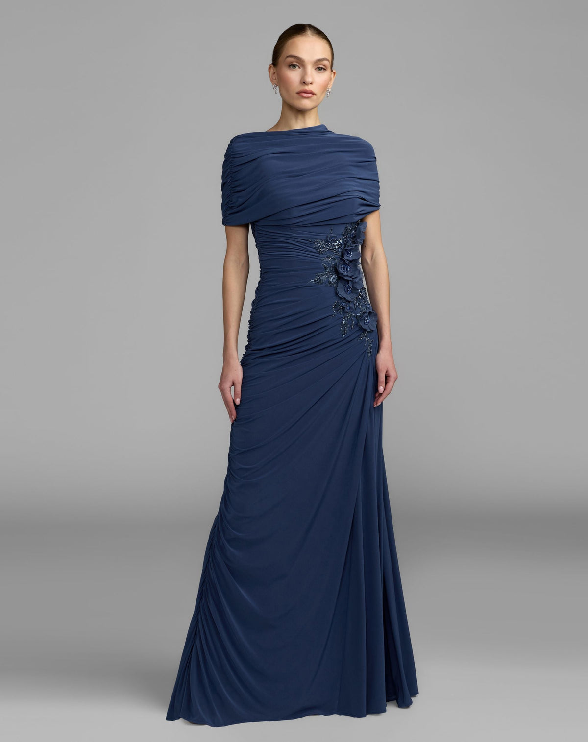 Navy Embellished Jersey Draped Column Gown