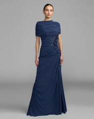 Navy Embellished Jersey Draped Column Gown