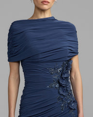 Navy Embellished Jersey Draped Column Gown