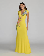 Yellow Floral Appliqué V-Neck Jersey Gown