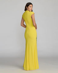 Yellow Floral Appliqué V-Neck Jersey Gown