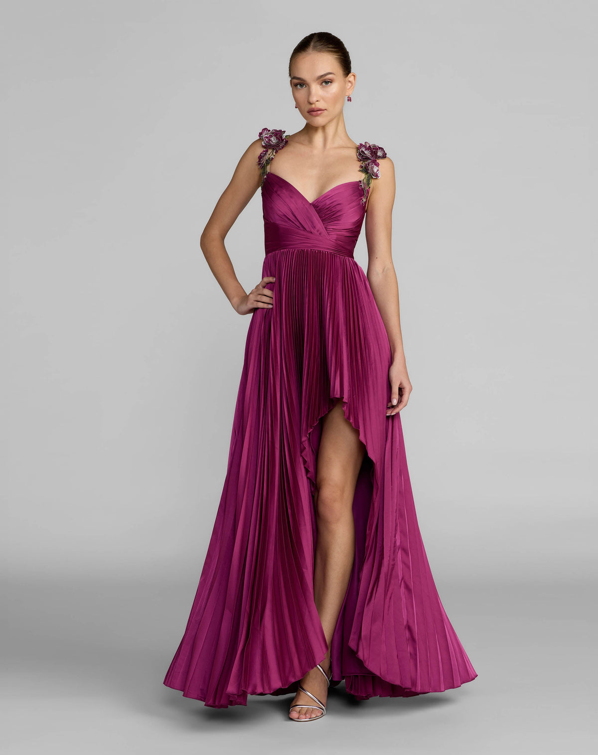 Magenta Pleated High Low Gown With 3D Floral Straps