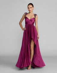 Magenta Pleated High Low Gown With 3D Floral Straps