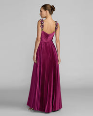 Magenta Pleated High Low Gown With 3D Floral Straps