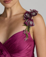 Magenta Pleated High Low Gown With 3D Floral Straps
