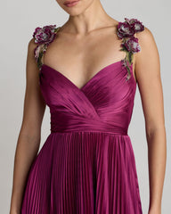 Magenta Pleated High Low Gown With 3D Floral Straps
