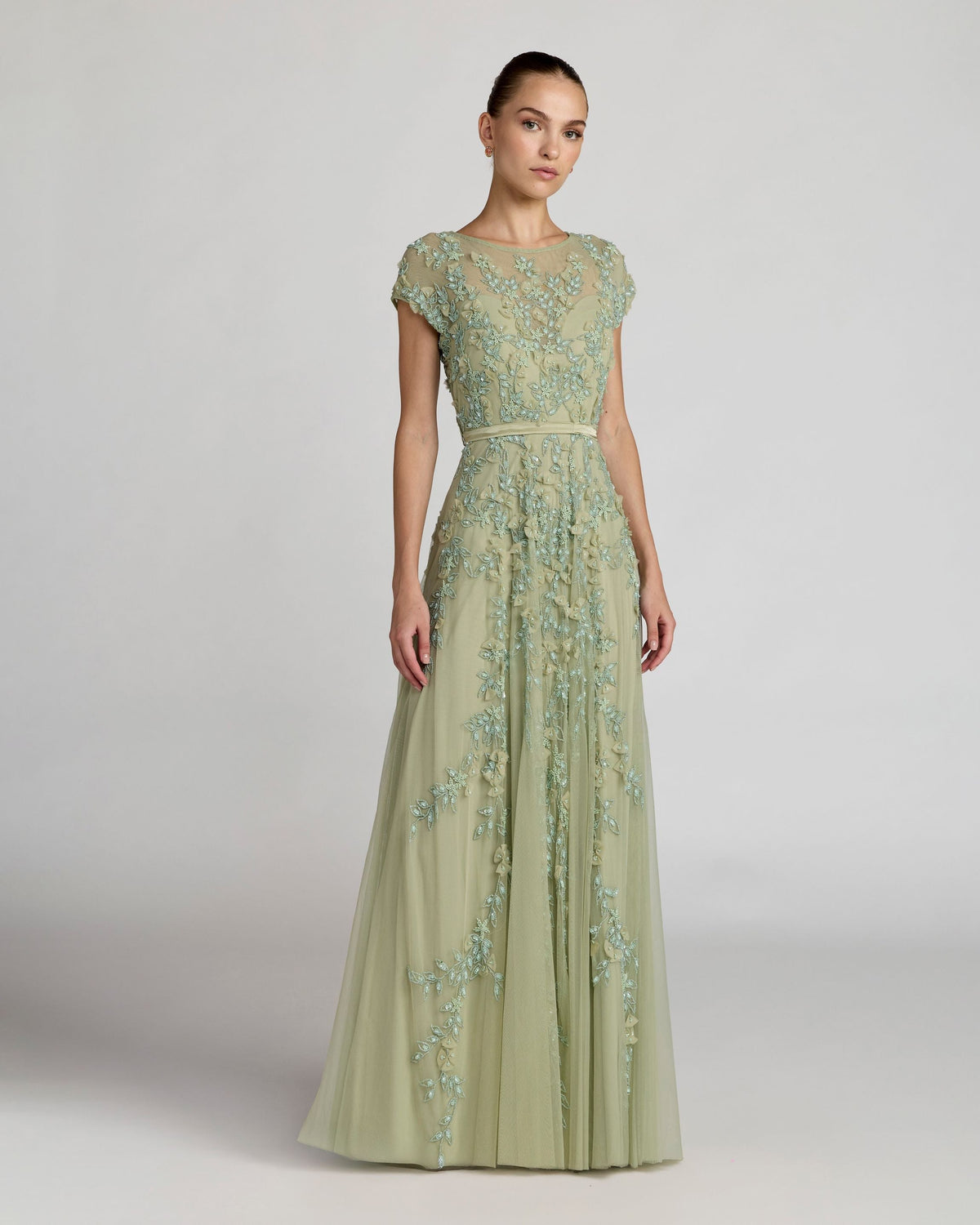 Green Floral Embellished Cap Sleeve Gown