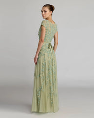 Green Floral Embellished Cap Sleeve Gown